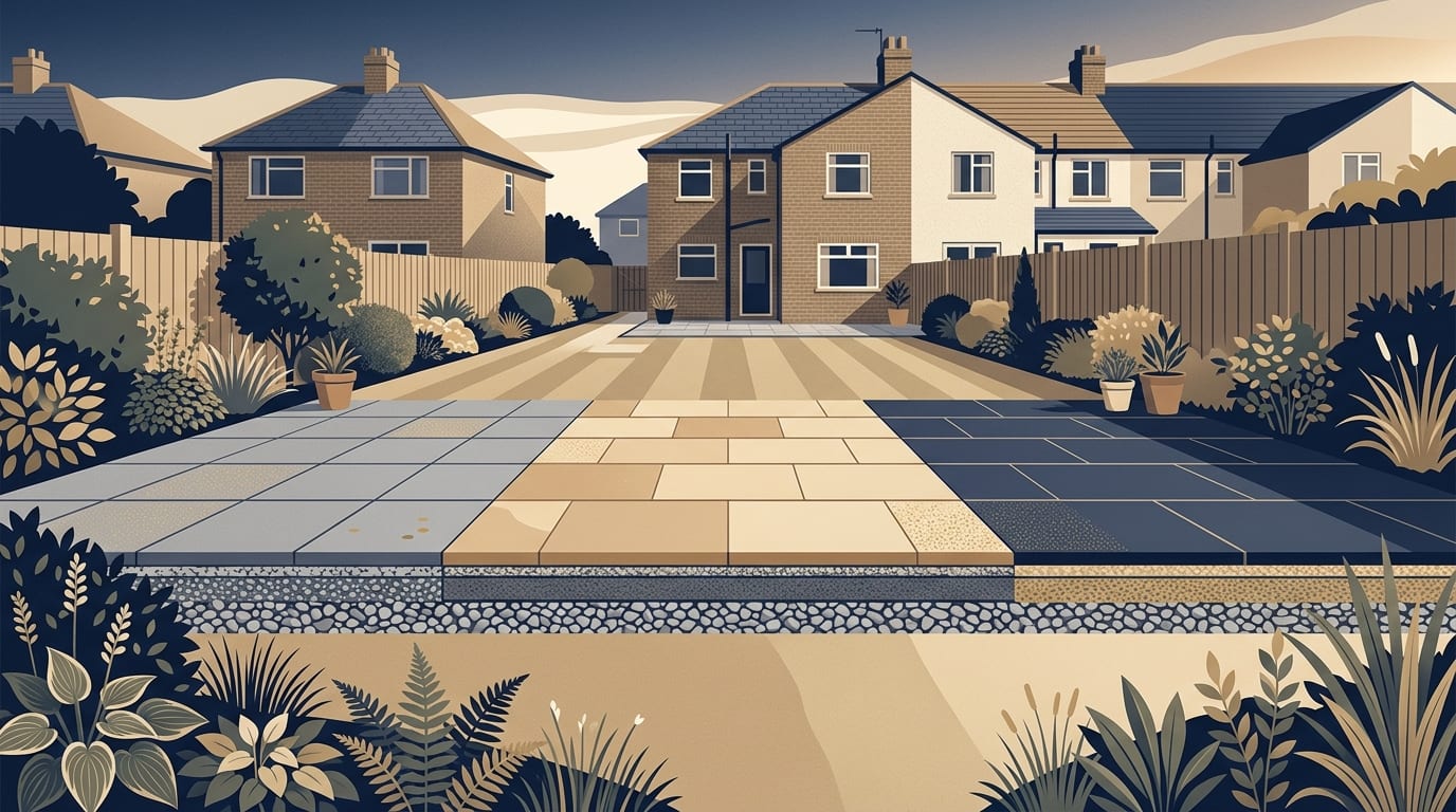 Illustration of a garden patio laid in three sections of different slabs