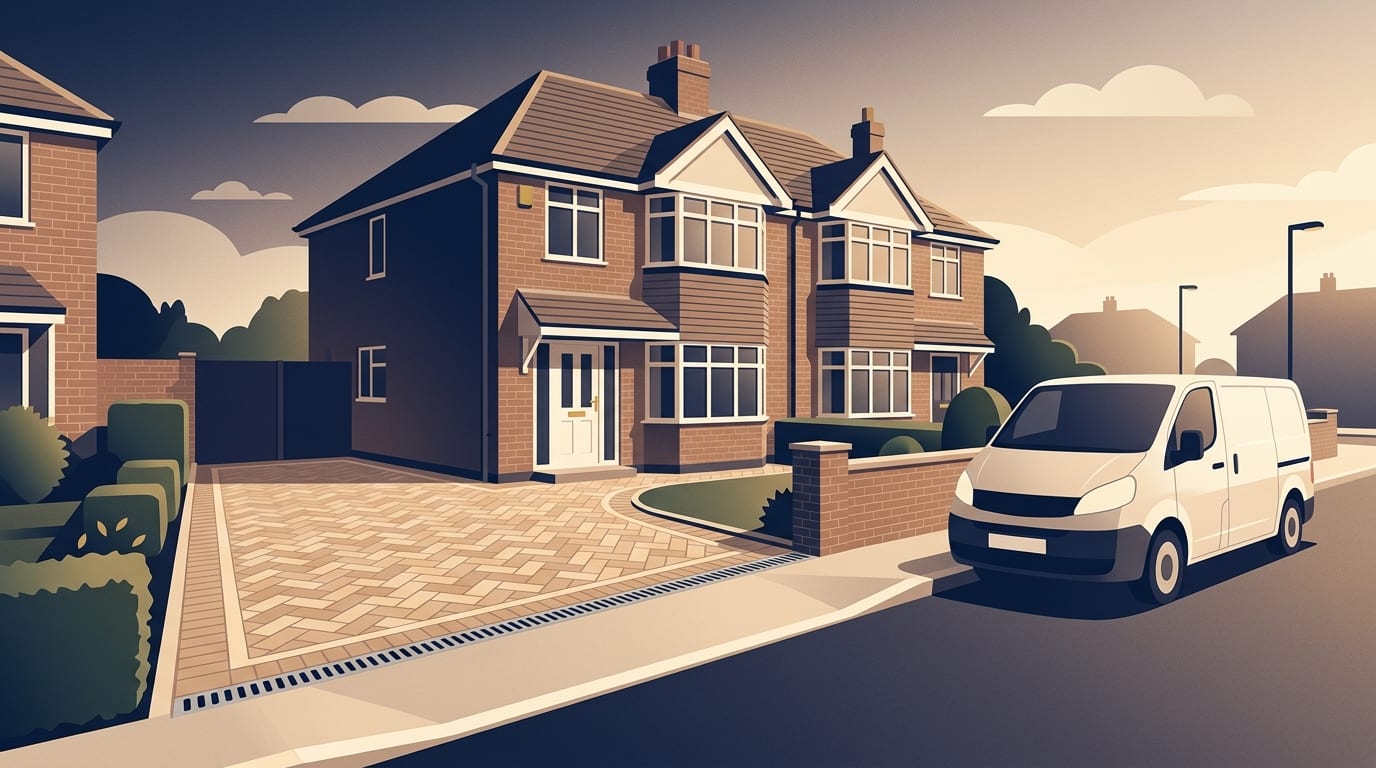 Illustration of a new block paved driveway in front of a house