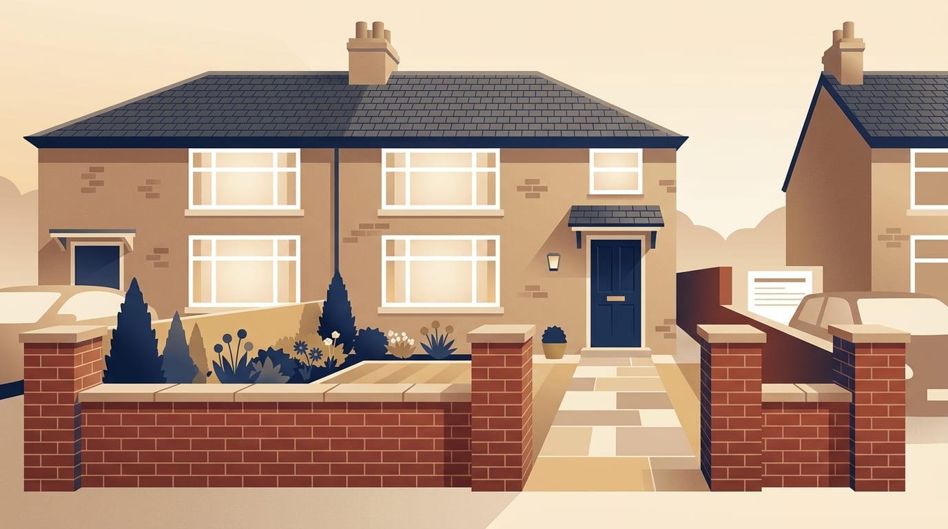 Illustration of a new brick front garden wall with piers and coping