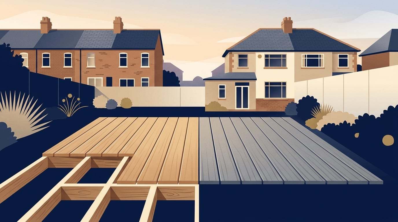 Illustration of a garden deck split down the middle