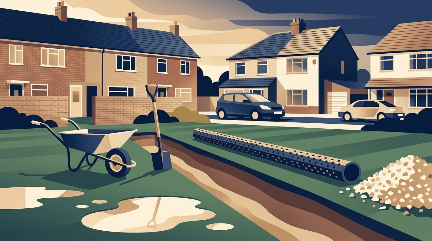 Illustration of a French drain being laid across a wet garden lawn