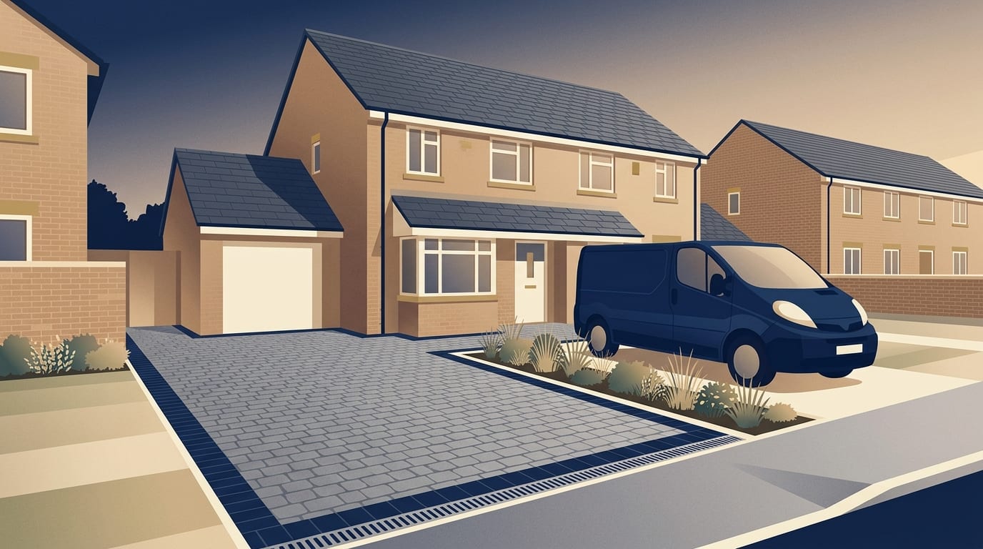 Illustration of an imprinted concrete driveway with a cobble pattern