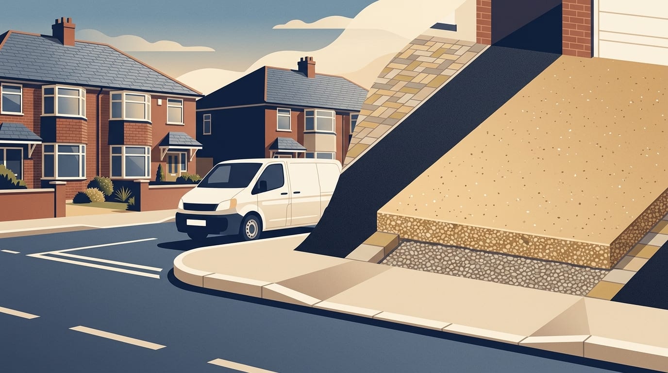 Illustration of a resin driveway beside tarmac and block paving