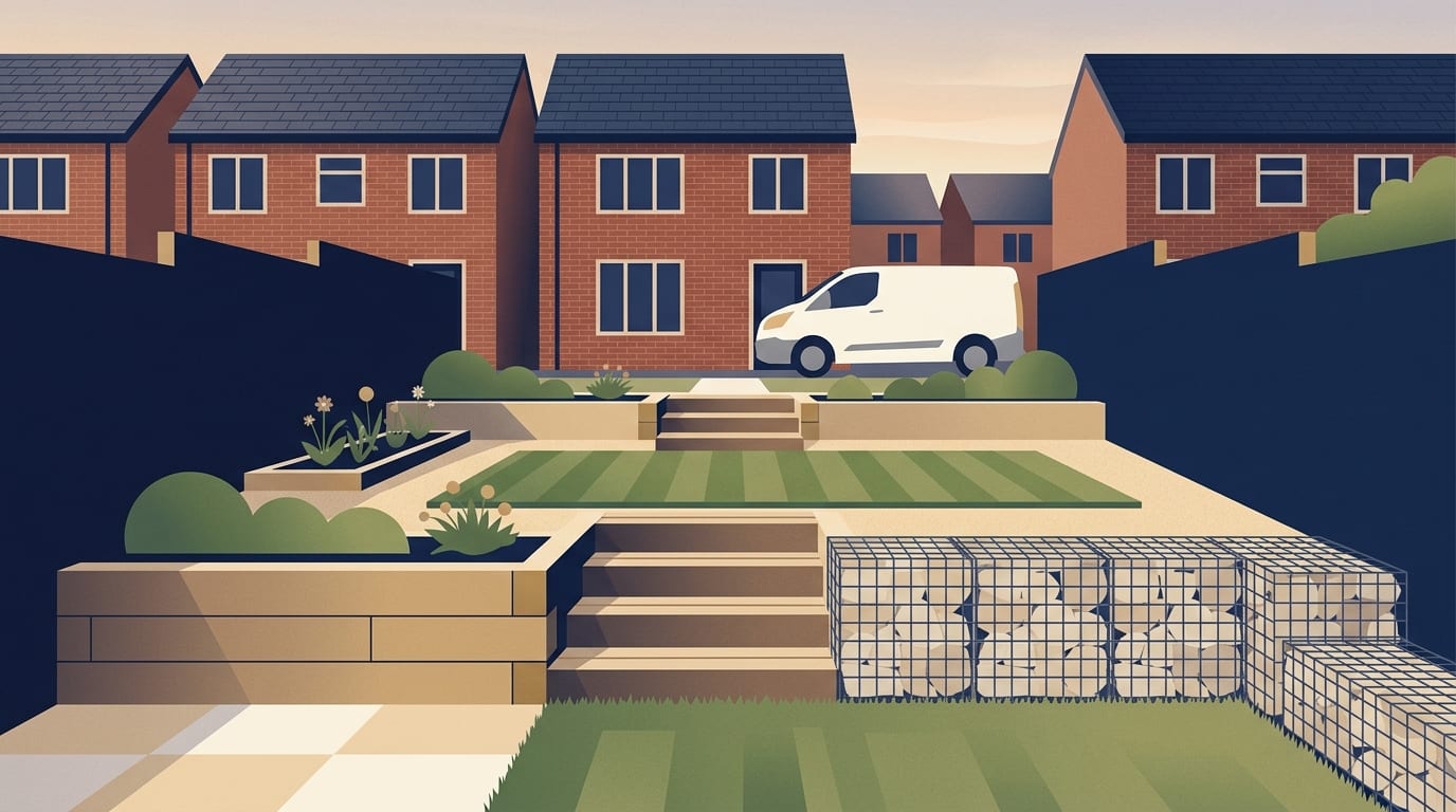 Illustration of a sloping garden held by sleeper and gabion retaining walls