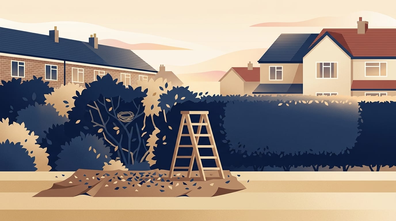 Illustration of a garden hedge being trimmed with a bird's nest in the uncut part