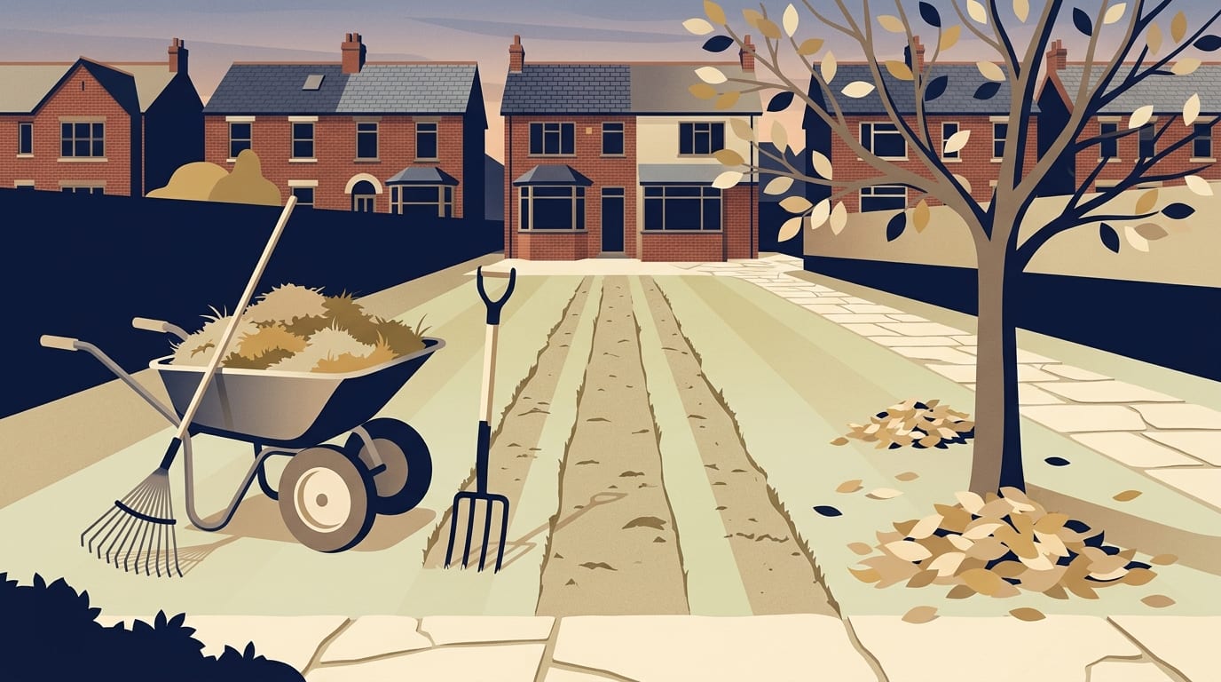 Illustration of a lawn being scarified and aerated in autumn